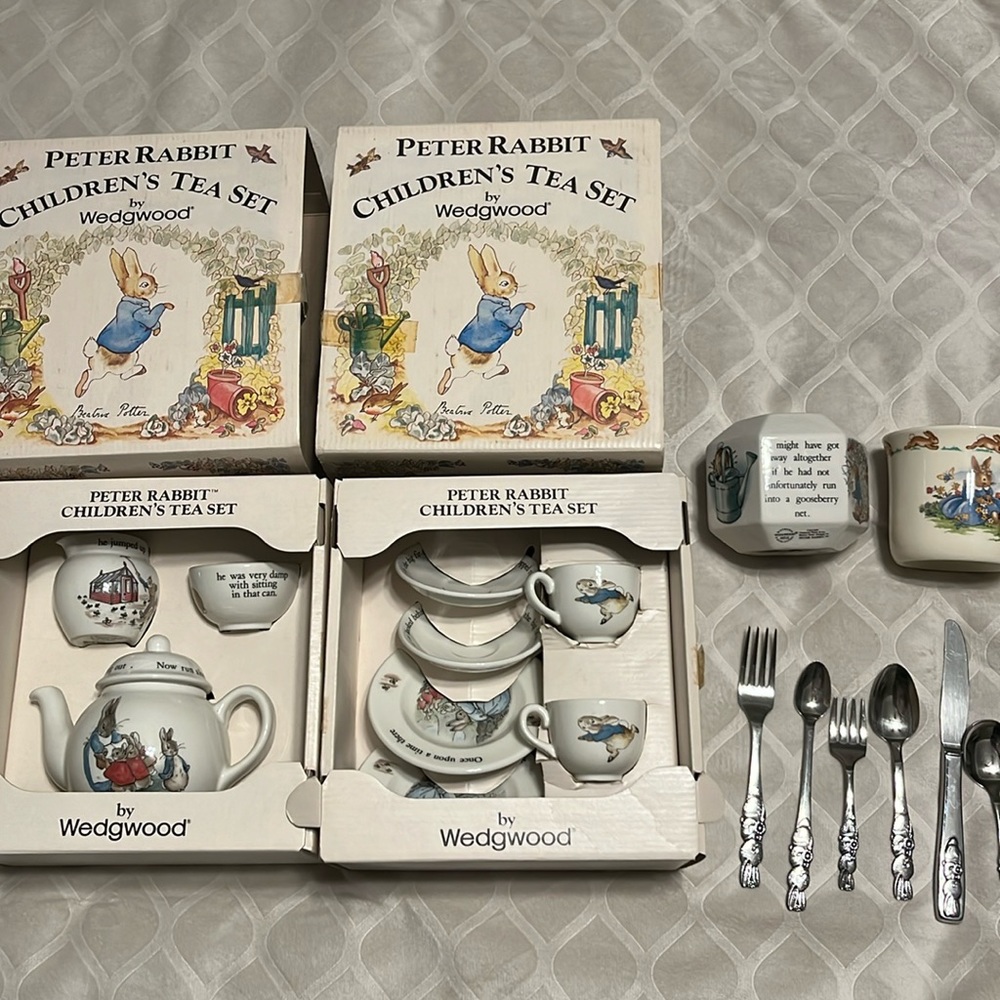 Wedgwood Peter Rabbit Children’s Tea Set, bank, and flatware